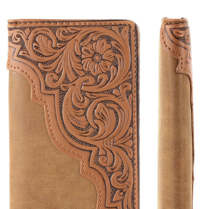 MW-613  Embossed Floral  Men's Bifold Long PU Leather Wallet: Brown