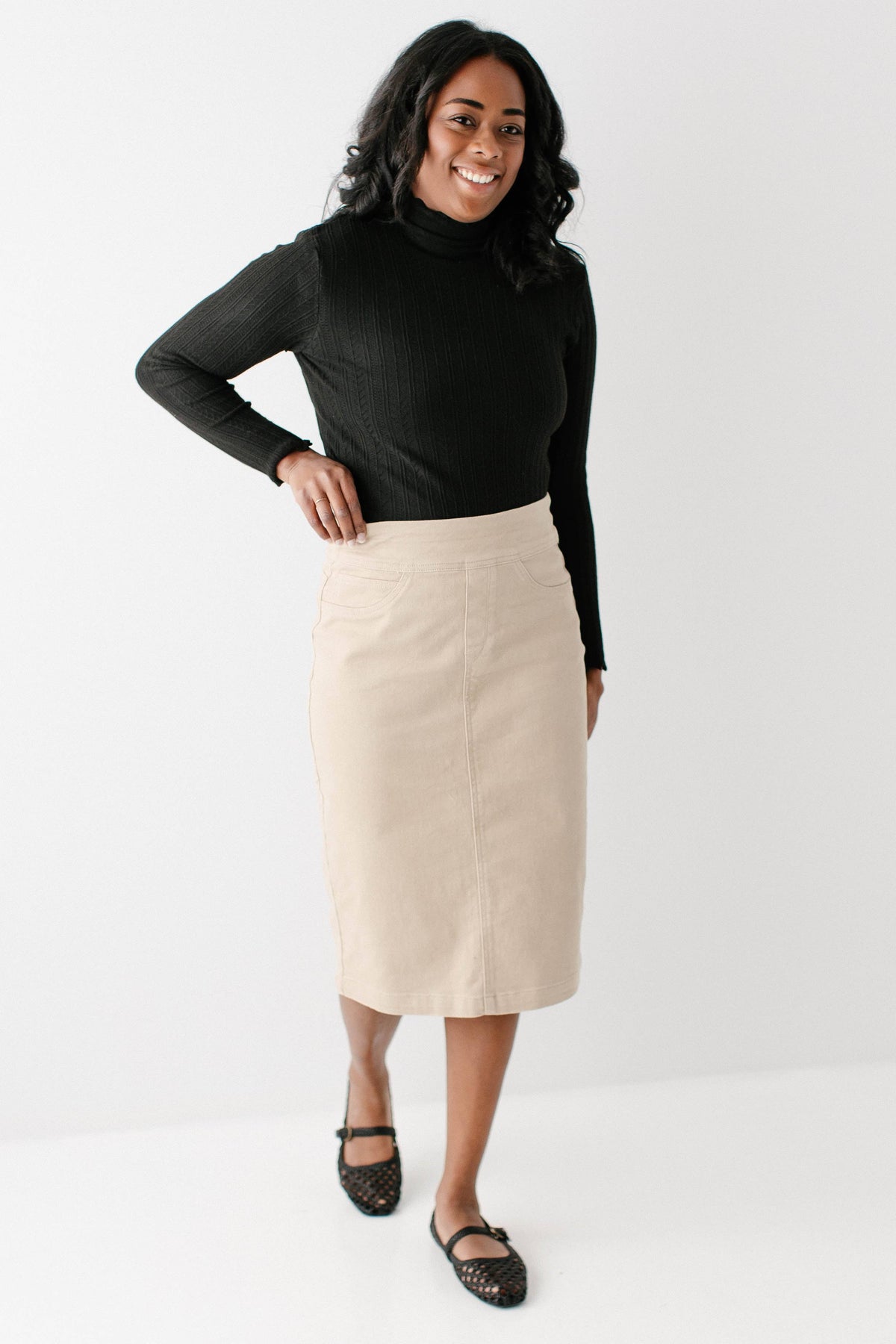 Sara Stretch Denim Skirt in Khaki