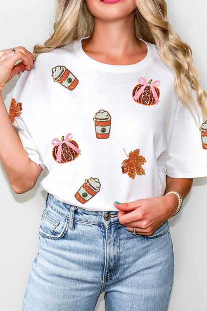 66Sequined Pumpkin Fall Graphic Casual Shift T Shirt (S-3XL)