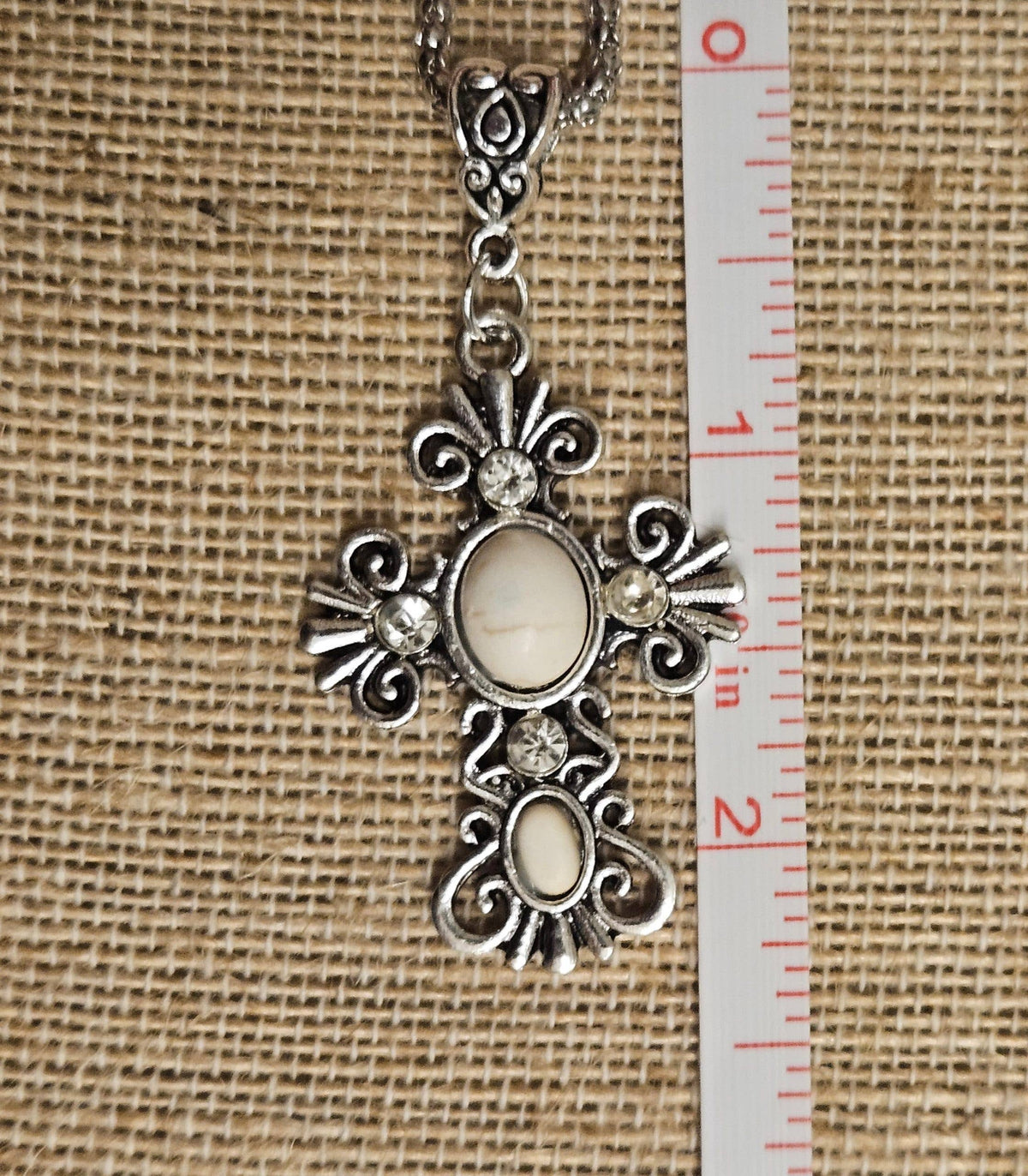 Western Cross Necklace – Silver Tone Turquoise Color Cabochon, Rhinestone Cross Pendant, 17" Chain with 2" Extender