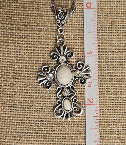 Western Cross Necklace – Silver Tone Turquoise Color Cabochon, Rhinestone Cross Pendant, 17" Chain with 2" Extender