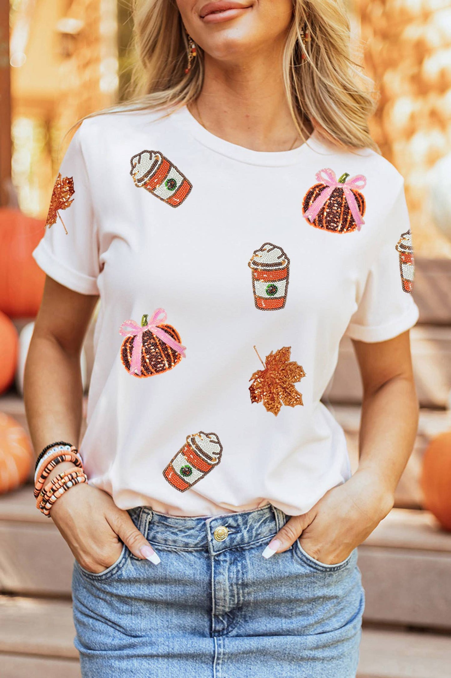 66Sequined Pumpkin Fall Graphic Casual Shift T Shirt (S-3XL)