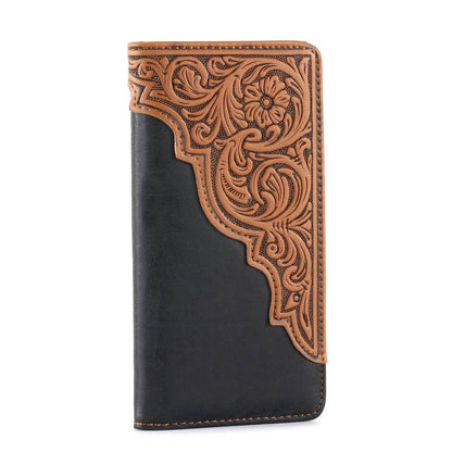 MW-612  Embossed Floral  Men's Bifold Long PU Leather Wallet: Black