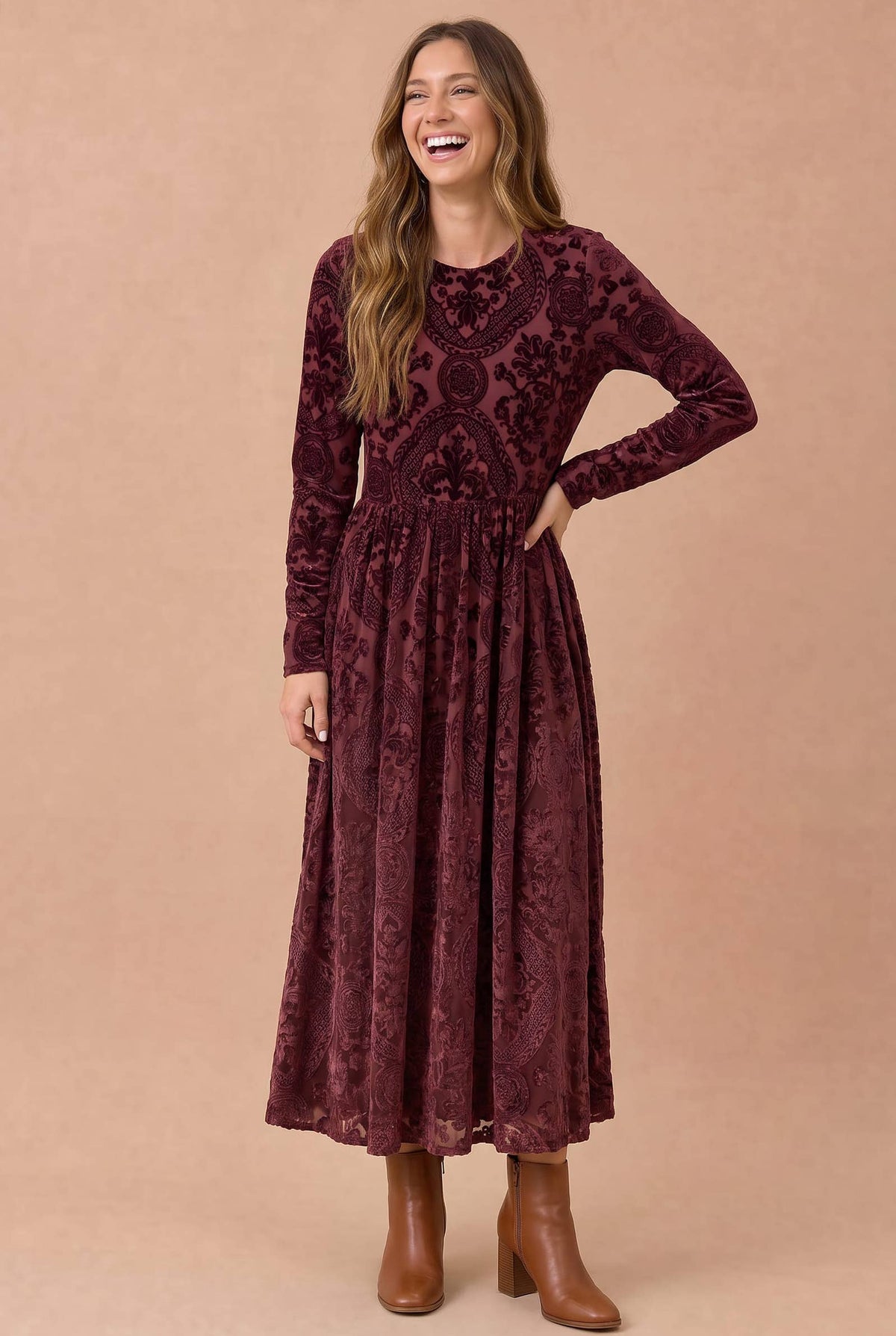 Burnout Velvet Floral Fit Flare Midi Dress