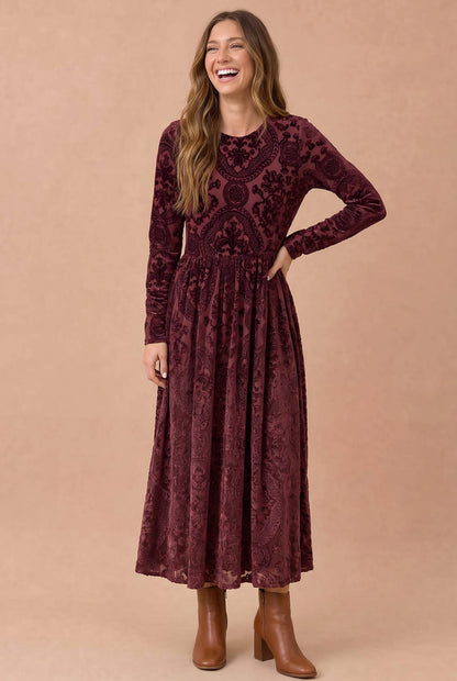 Burnout Velvet Floral Fit Flare Midi Dress