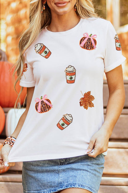 66Sequined Pumpkin Fall Graphic Casual Shift T Shirt (S-3XL)