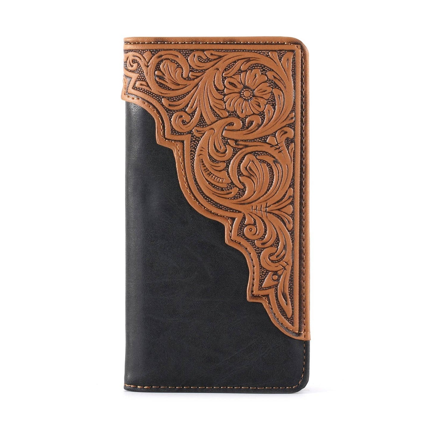 MW-612  Embossed Floral  Men's Bifold Long PU Leather Wallet: Black