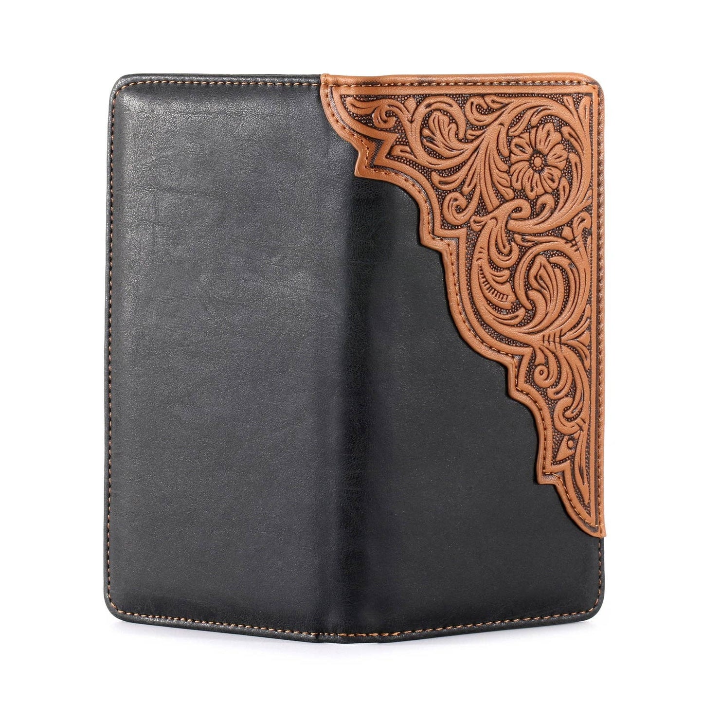 MW-612  Embossed Floral  Men's Bifold Long PU Leather Wallet: Black