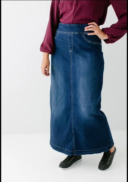 "Sara" Classic Long Denim Skirt Dark Wash
