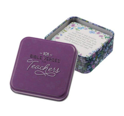 101 Bible Verses For Teachers Purple Scripture Cards in a Tin