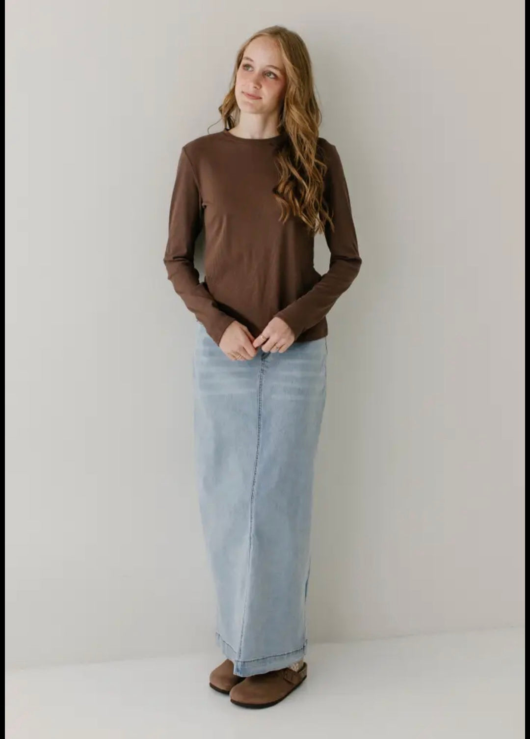 "Sara" Classic Long Denim Skirt Light Wash
