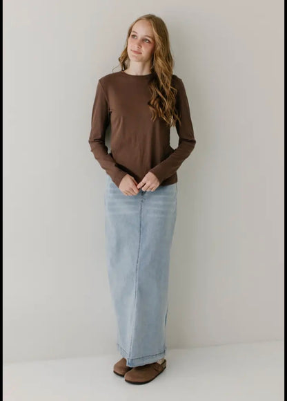 "Sara" Classic Long Denim Skirt Light Wash