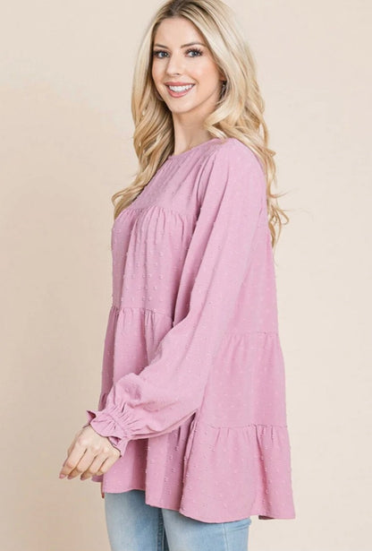 WOMEN'S LONG SLEEVE TIERED TUNIC SWISS DOTS BLOUSE