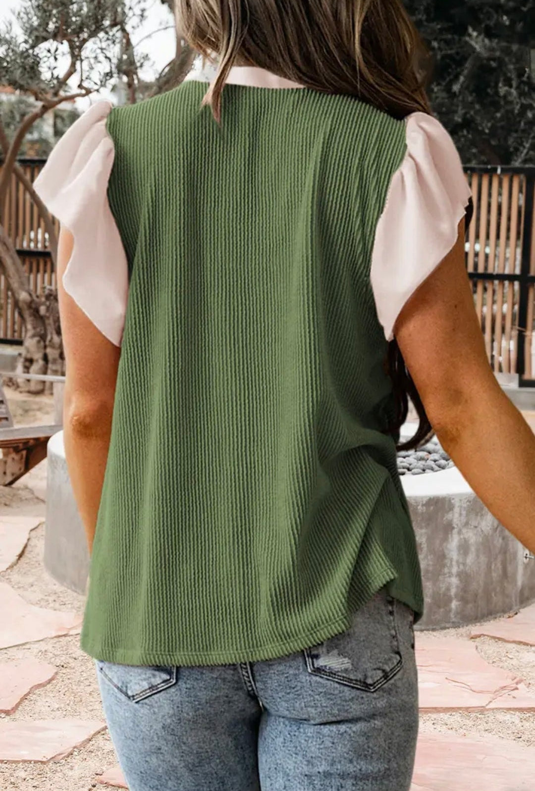 Plus Size Comtrast Frilled Neckline Ribbed Textured Blouse