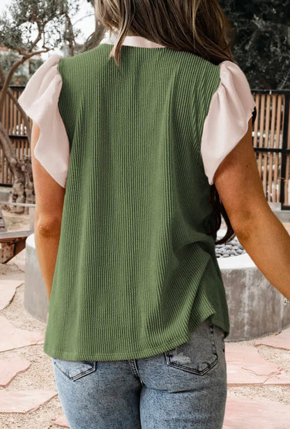 Plus Size Comtrast Frilled Neckline Ribbed Textured Blouse