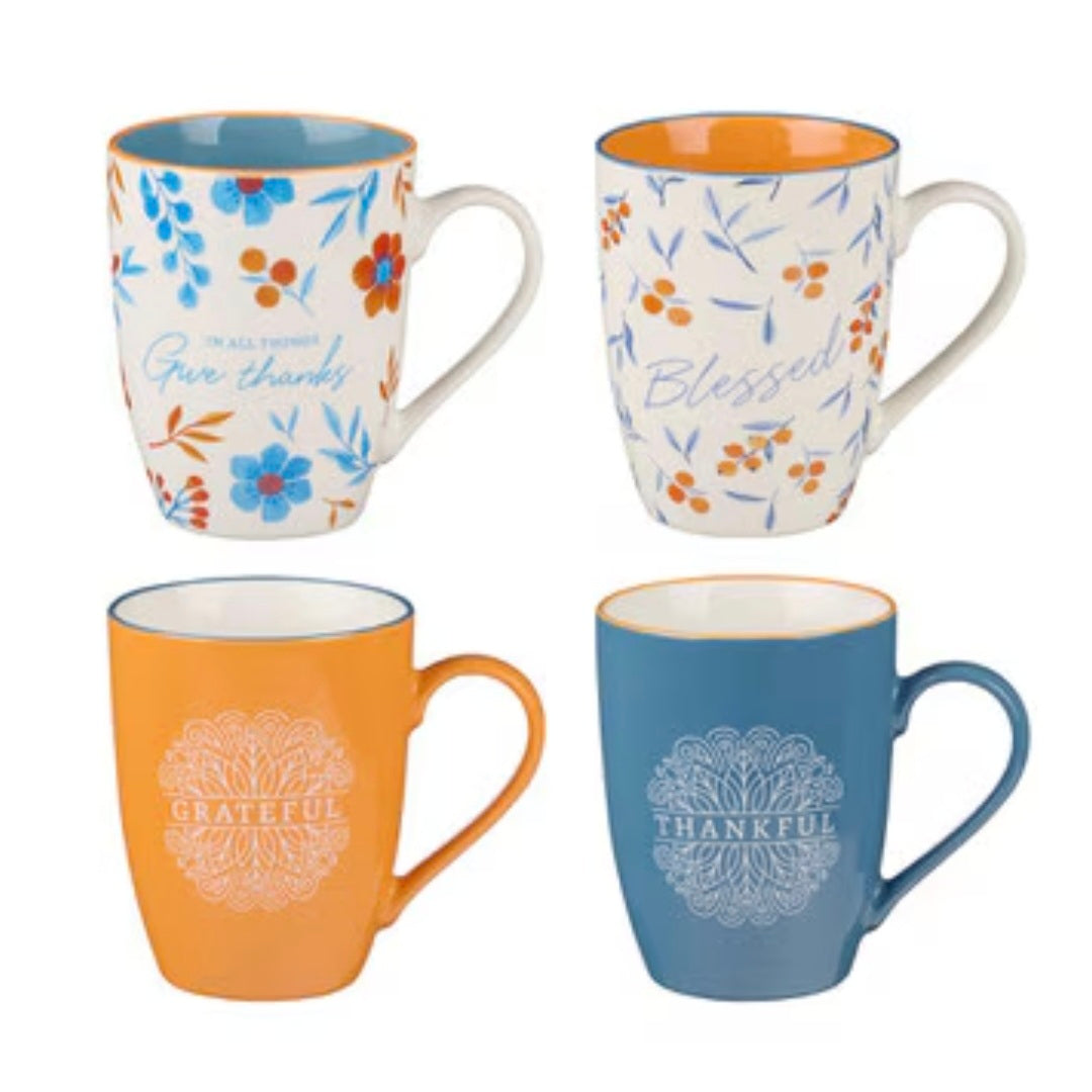 Give Thanks Blue and Orange Ceramic Mug Set 1 Thessalonians  5:18