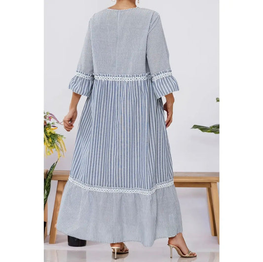 Sky Blue Stripe Crisscross Lace Detail Mixed Striped Patchwork Shift Long Dress