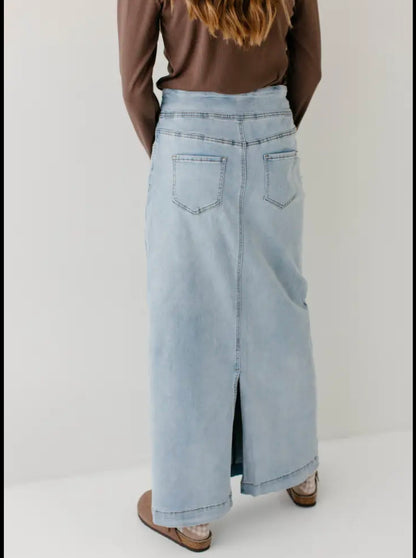 "Sara" Classic Long Denim Skirt Light Wash