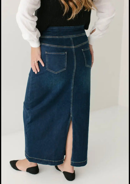 "Sara" Classic Long Denim Skirt Dark Wash