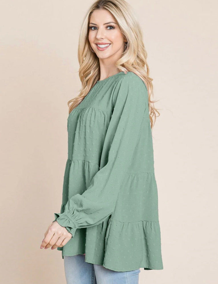 WOMEN'S LONG SLEEVE TIERED TUNIC SWISS DOTS BLOUSE