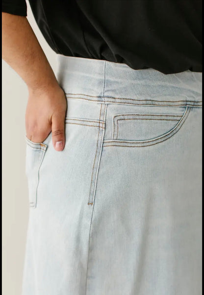 "Sara" Classic Long Denim Skirt Light Wash