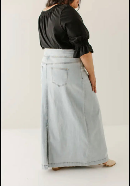"Sara" Classic Long Denim Skirt Light Wash