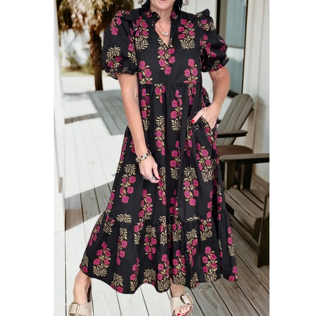 Floral Split Neck Bubble Sleeve Tiered Maxi Dress (Dress S-XL)