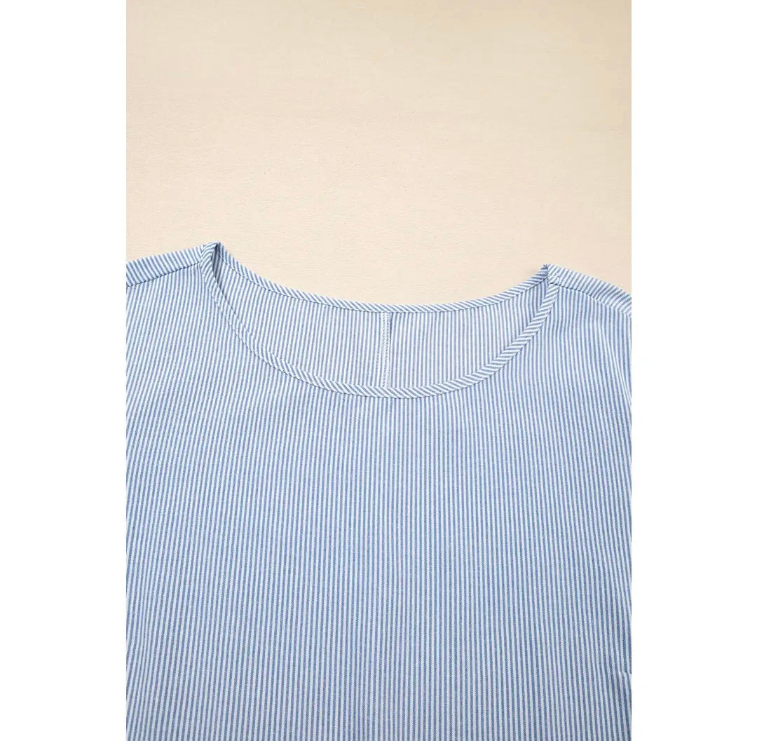 Sky Blue Stripe Crisscross Lace Detail Mixed Striped Patchwork Shift Long Dress