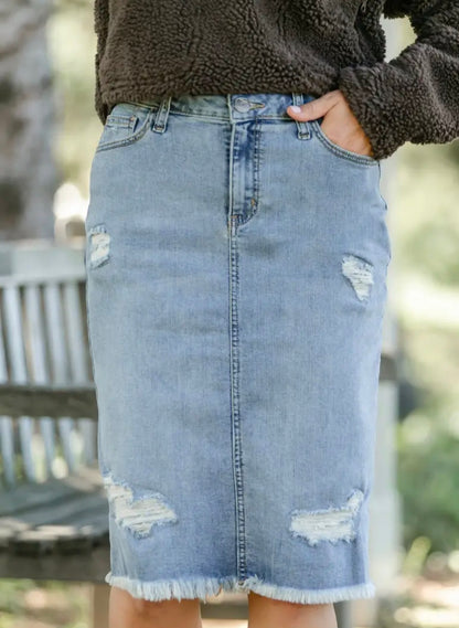 Presley Distressed Denim Midi Skirt