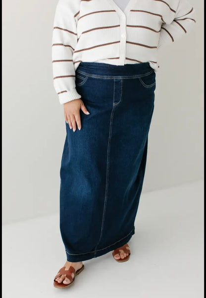 "Sara" Classic Long Denim Skirt Dark Wash