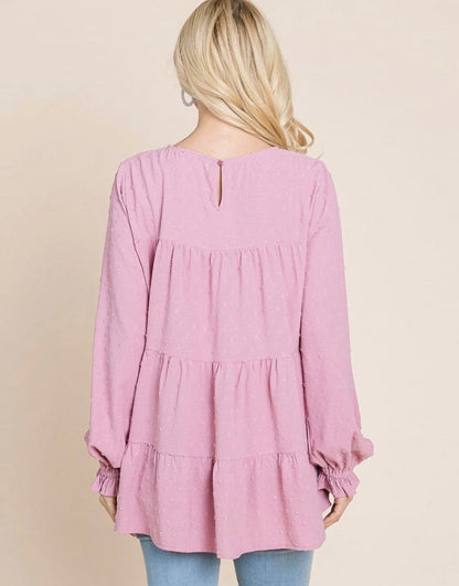 WOMEN'S LONG SLEEVE TIERED TUNIC SWISS DOTS BLOUSE