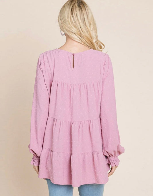 WOMEN'S LONG SLEEVE TIERED TUNIC SWISS DOTS BLOUSE