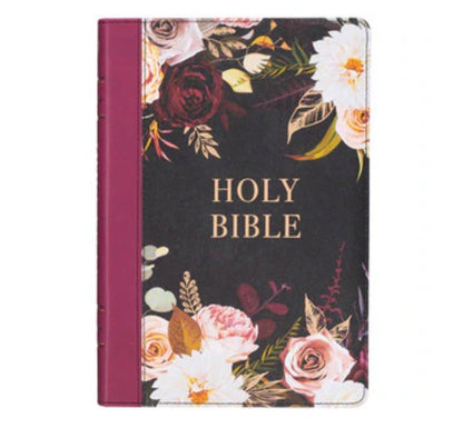 Black and Burgundy Floral Faux Leather Large Print Thinline King James Version Bible with Thumb Index