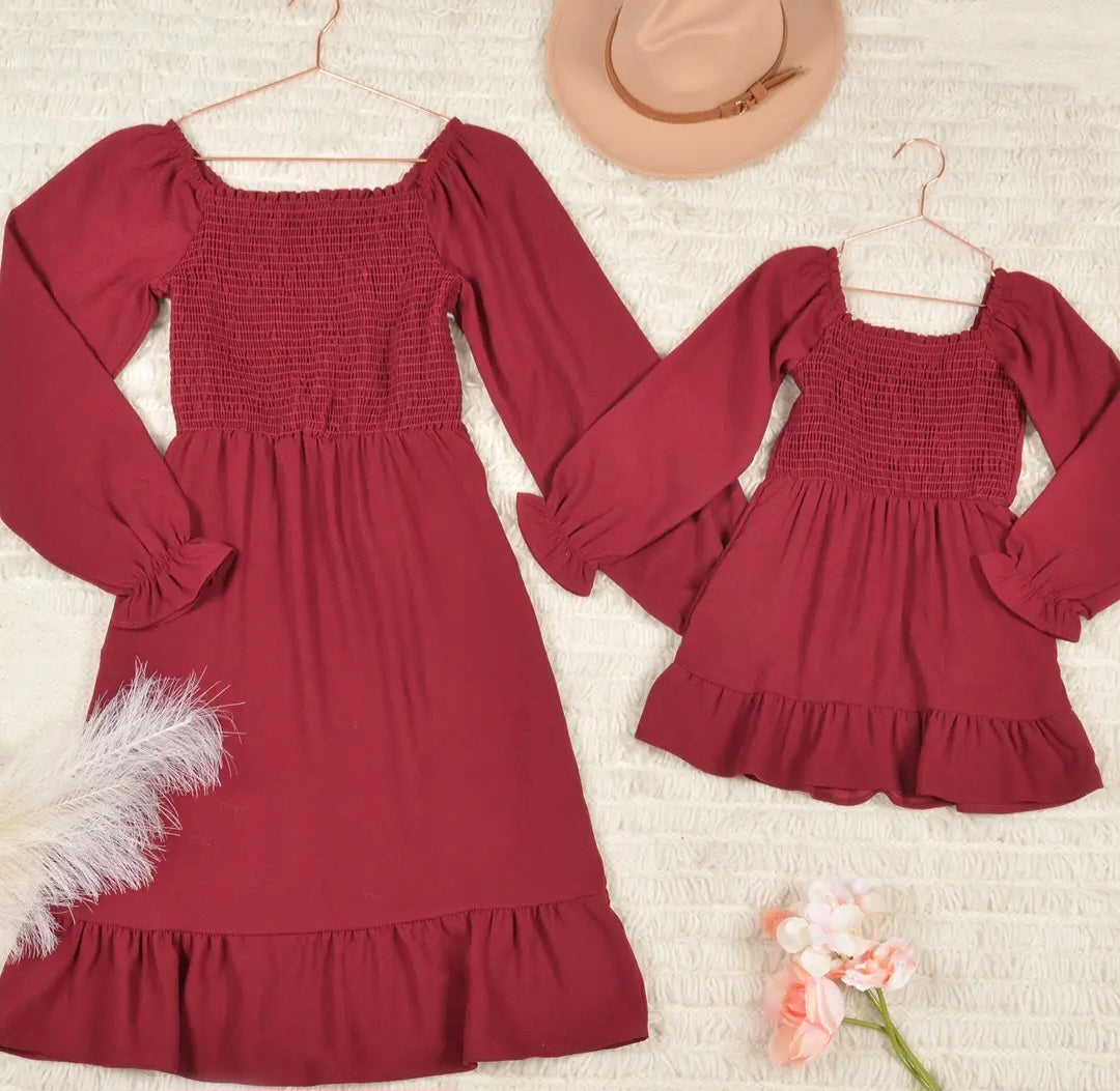 Smocking Dress Long Seeve Ruffle Hem Smocking Crepe Midi