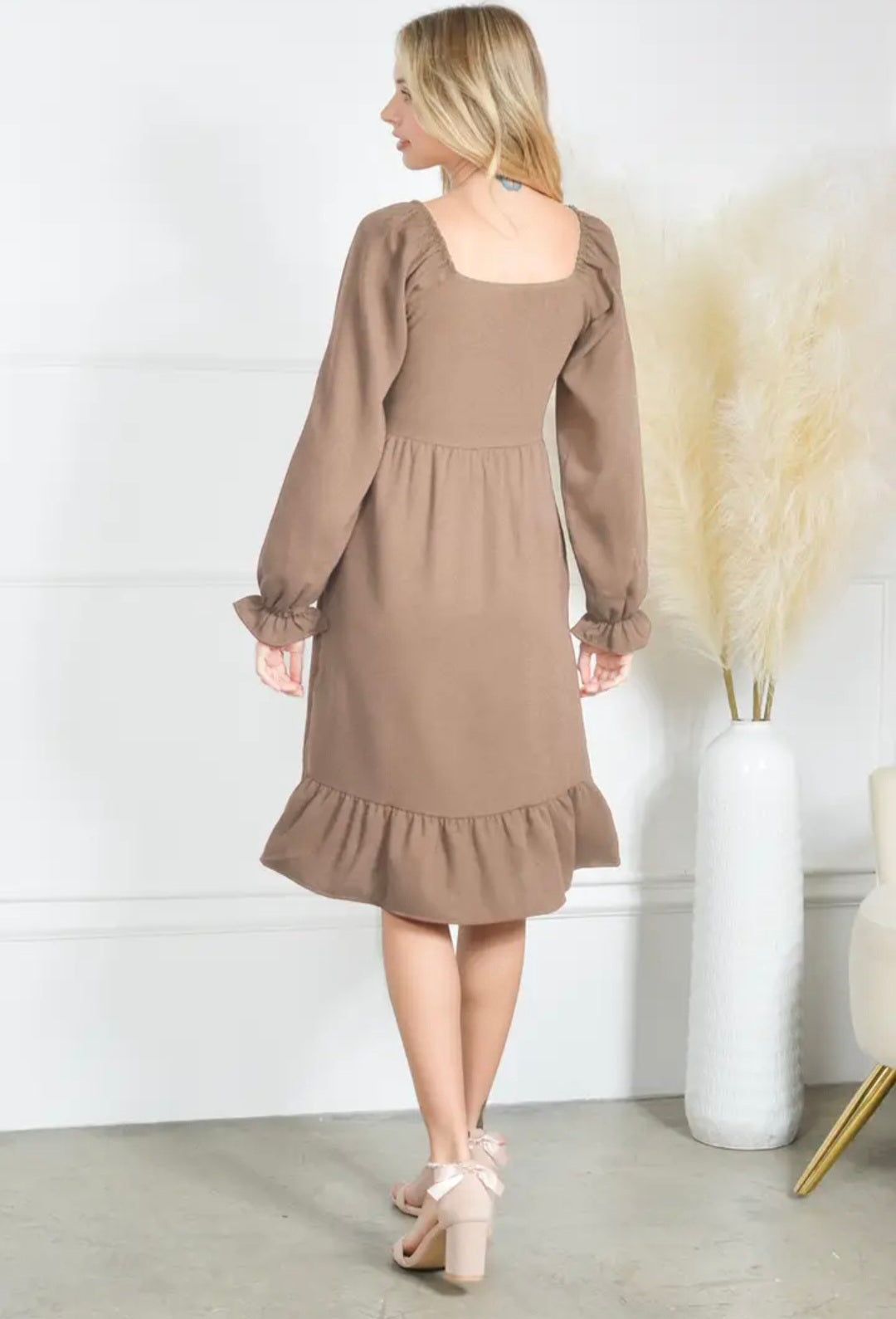 Taupe Smocking Dress Long Sleeve Ruffle Hem Smocking Crepe Midi