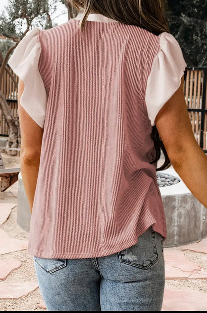 Plus Size Comtrast Frilled Necklime Ribbed Textured Blouse