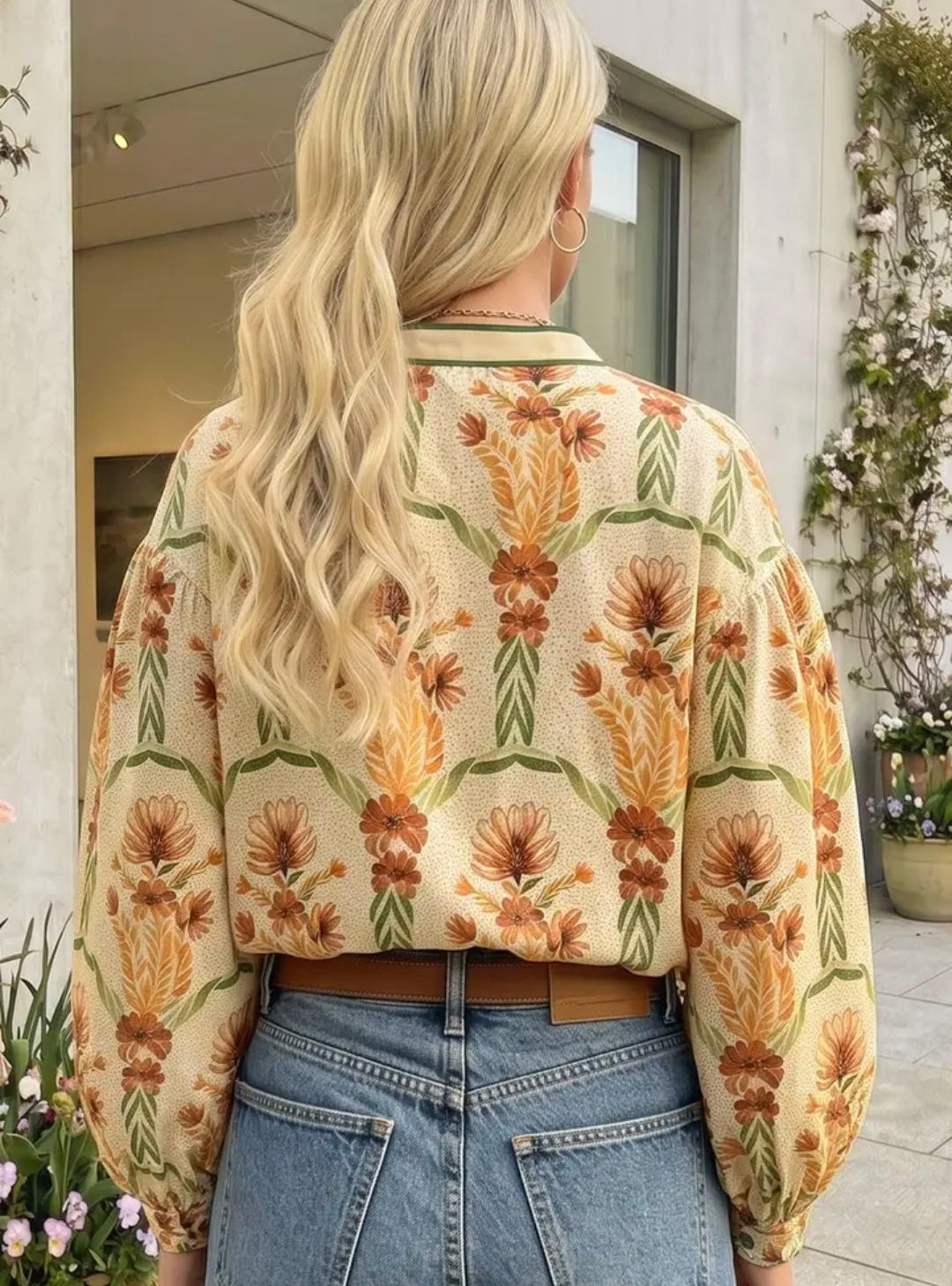 Floral Print V Neck Long Sleeve Shirt