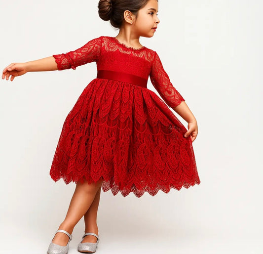 Red Vintage 3/4 Sleeve A-Line Girls Dress