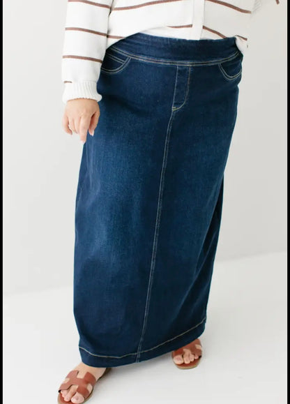 "Sara" Classic Long Denim Skirt Dark Wash