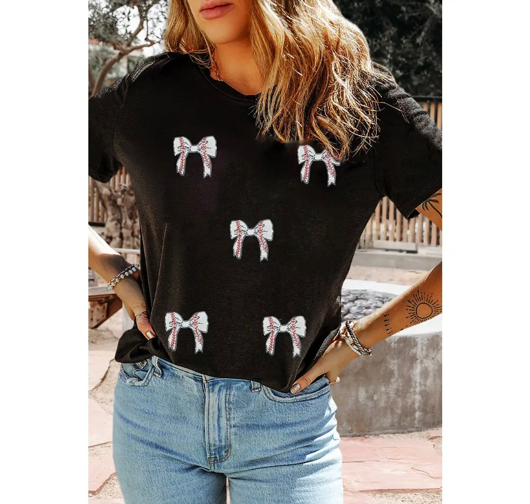 Glitter Baseball Bow Patched Cotton Blend Tee Shirt