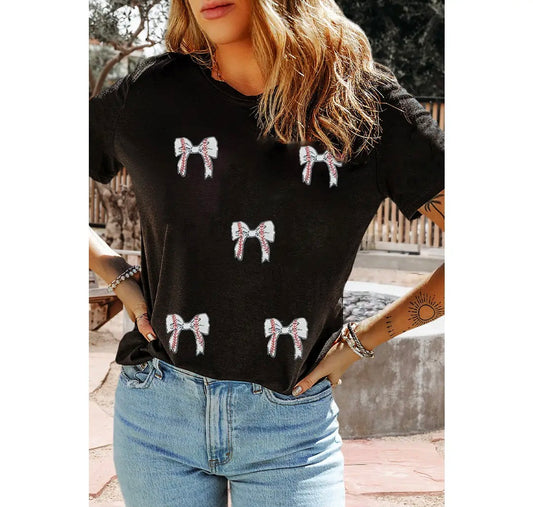 Glitter Baseball Bow Patched Cotton Blend Tee Shirt