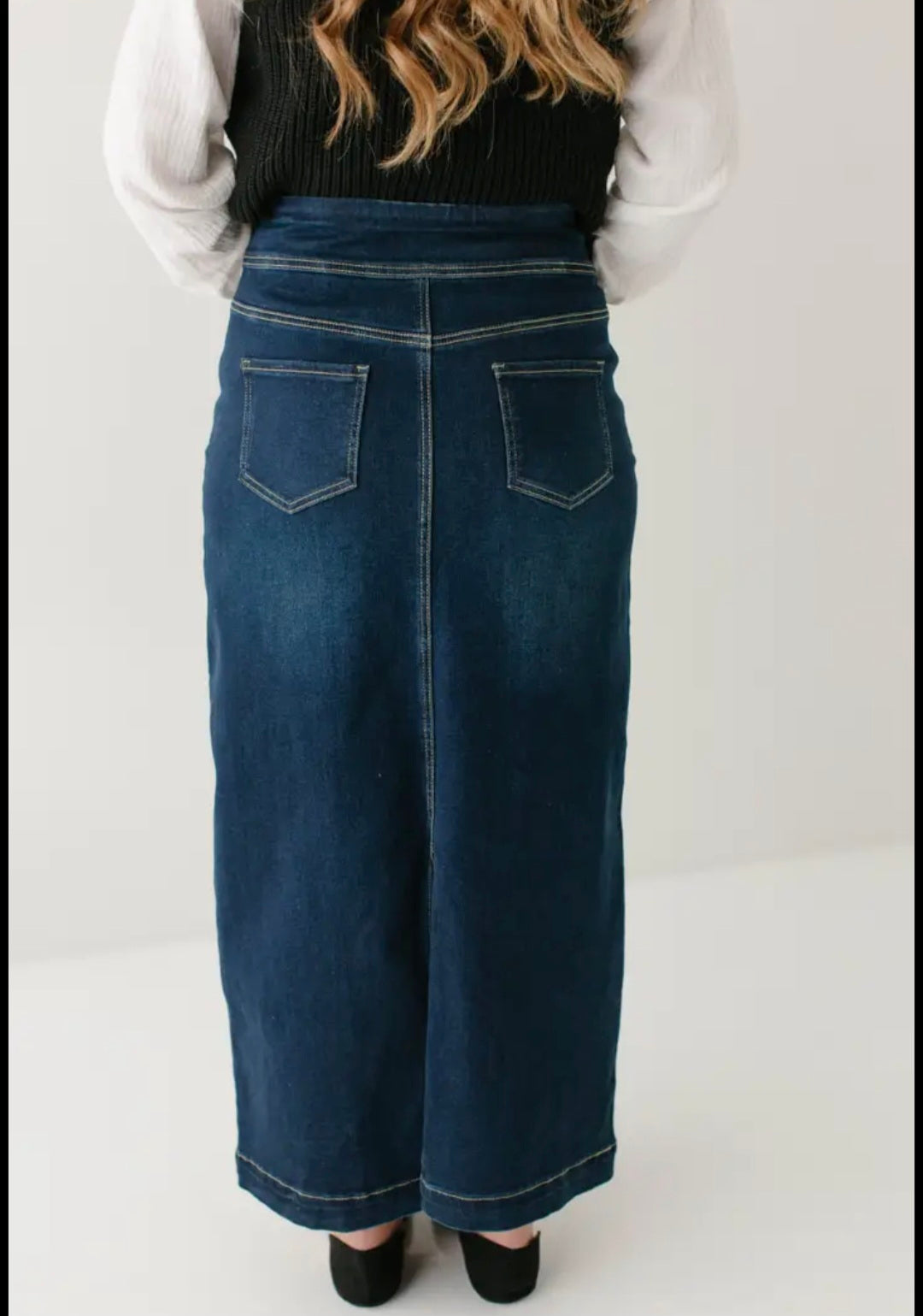 "Sara" Classic Long Denim Skirt Dark Wash