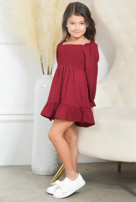 Kids Burgundy Smocking Dress Long Sleeve Crepe Ruffle Midi