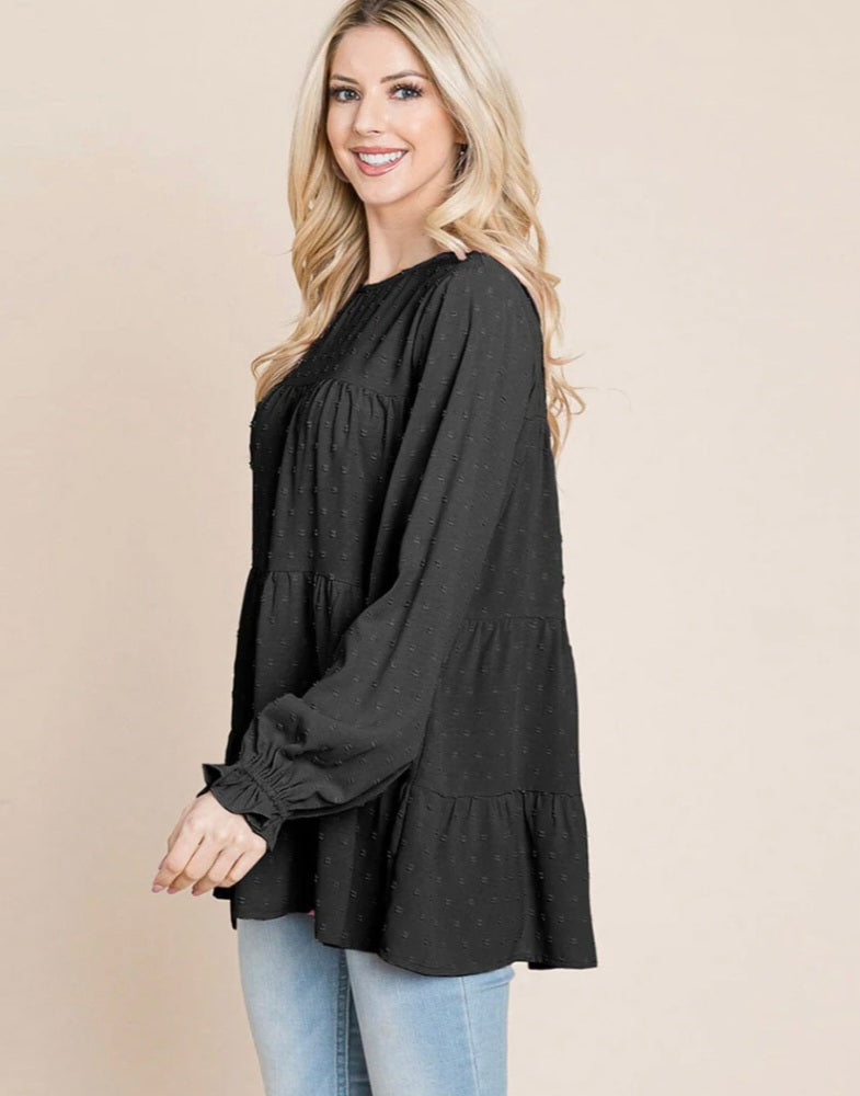 WOMEN'S LONG SLEEVE TIERED TUNIC SWISS DOTS BLOUSE