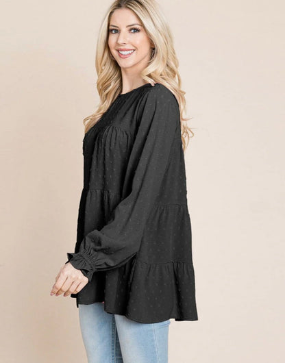 WOMEN'S LONG SLEEVE TIERED TUNIC SWISS DOTS BLOUSE