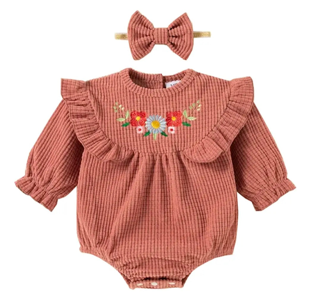 Pink Embroidered Floral Corduroy Baby Romper w/Matching Headband