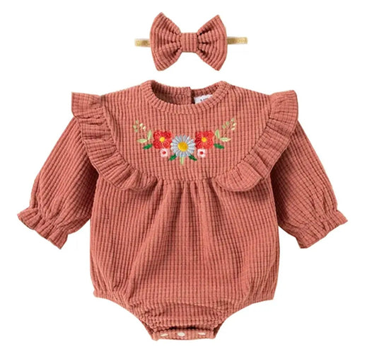Pink Embroidered Floral Corduroy Baby Romper w/Matching Headband