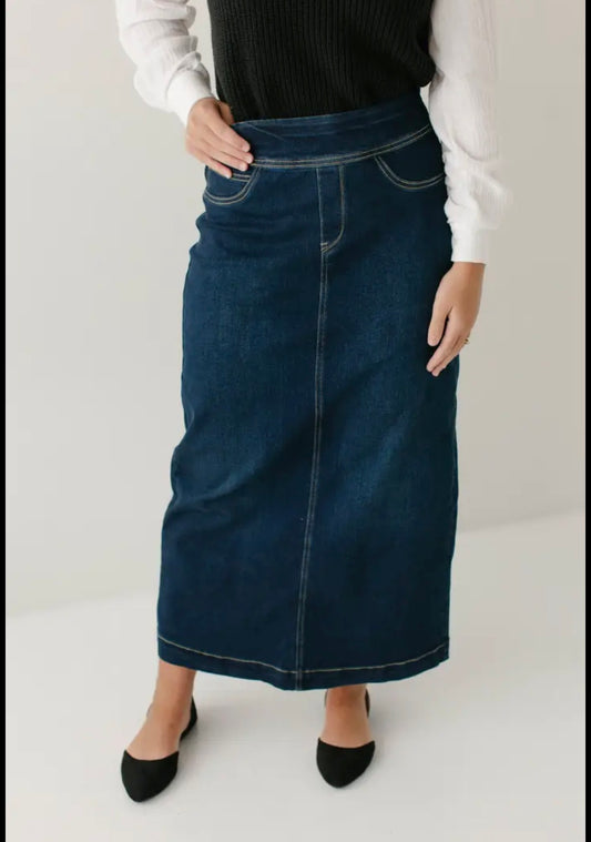 "Sara" Classic Long Denim Skirt Dark Wash