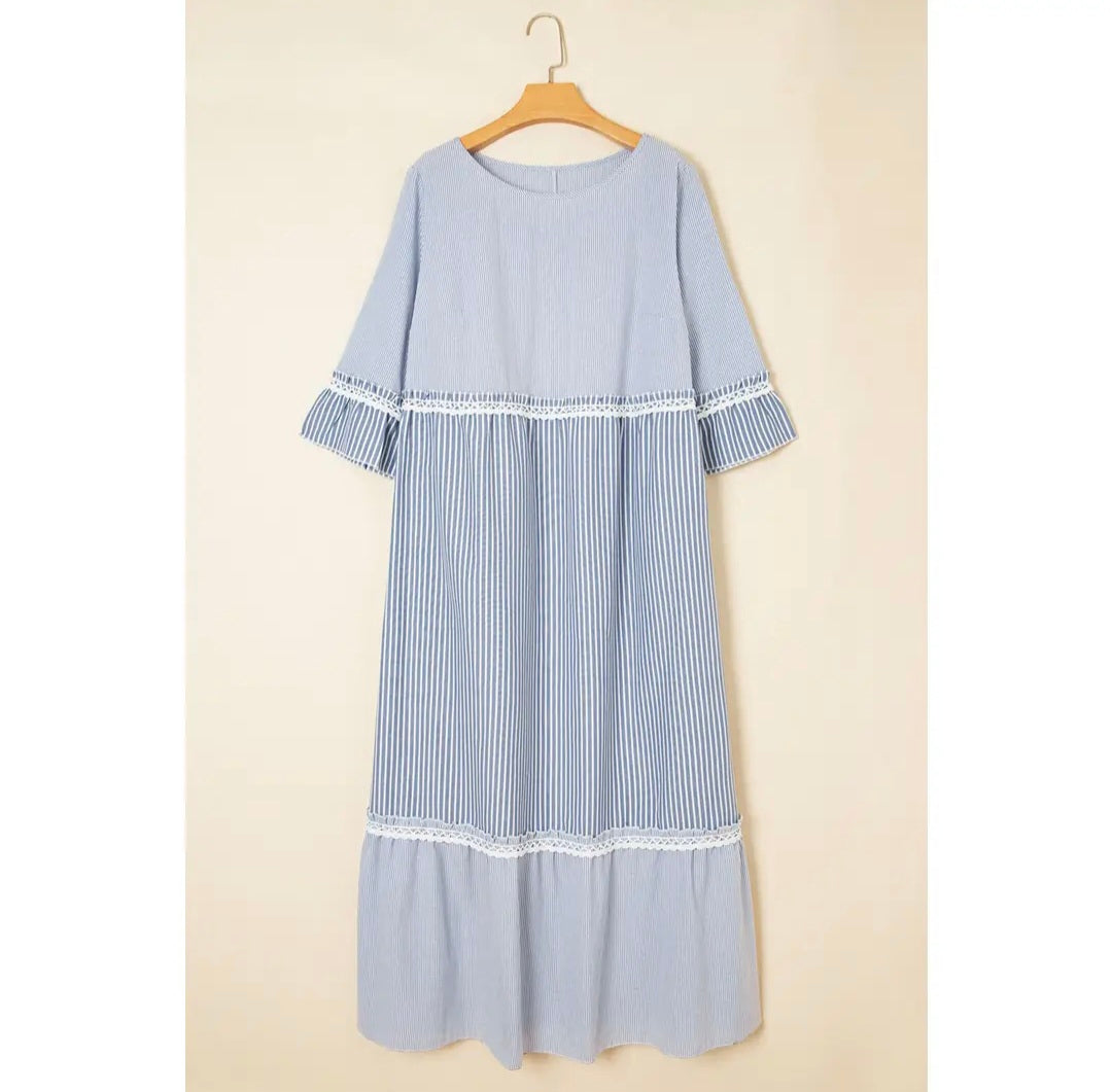 Sky Blue Stripe Crisscross Lace Detail Mixed Striped Patchwork Shift Long Dress