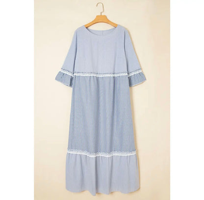 Sky Blue Stripe Crisscross Lace Detail Mixed Striped Patchwork Shift Long Dress